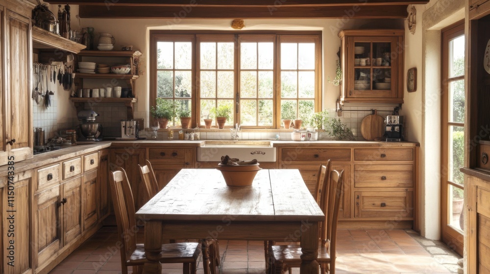 Fototapeta premium Cozy Rustic Kitchen with Wooden Furniture and Natural Light
