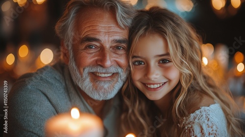 Grandfather shares a warm hug with granddaughter in a cozy restaurant filled ...