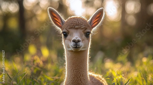Adorable young alpaca grazing in a lush green field during golden hour