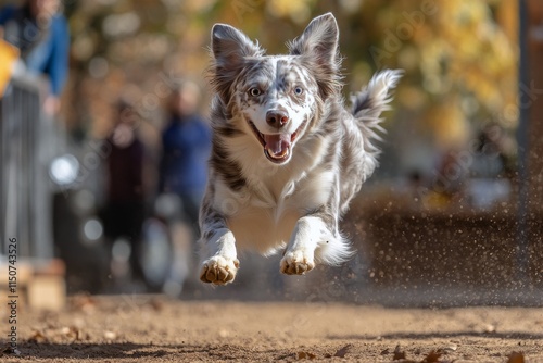 Happy dog jumping in the park during autumn with colorful leaves in the backg...