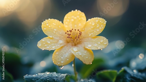 Beautiful yellow flower with dew drops on green leaves during early morning l...