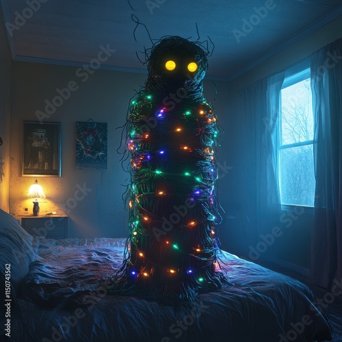 A creepy glowing-eyed creature wrapped in colorful Christmas lights in the dark. photo