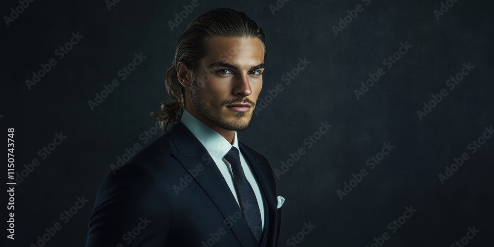 A well-dressed man in a suit poses confidently against a dark background. A well-dressed man in a suit poses confidently against a dark background.