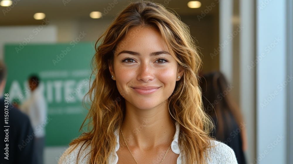 Fototapeta premium Smiling young woman with wavy hair in a modern indoor environment
