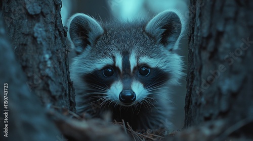 Cute raccoon standing in the forest surrounded by leaves during early evening...