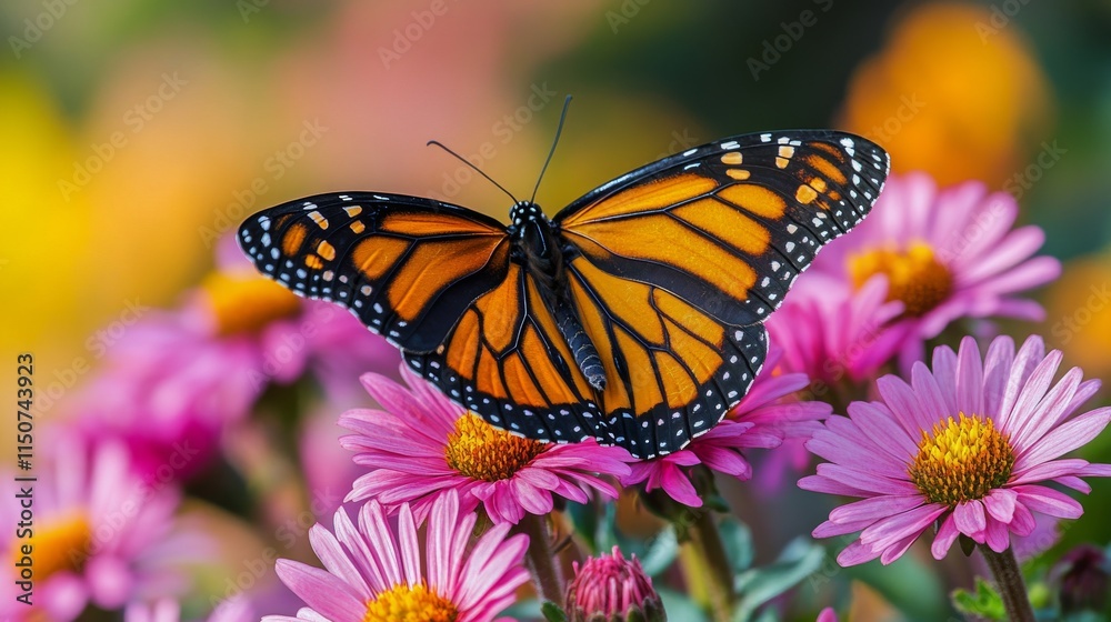 Fototapeta premium Monarch butterfly resting on colorful flowers in a vibrant garden during springtime