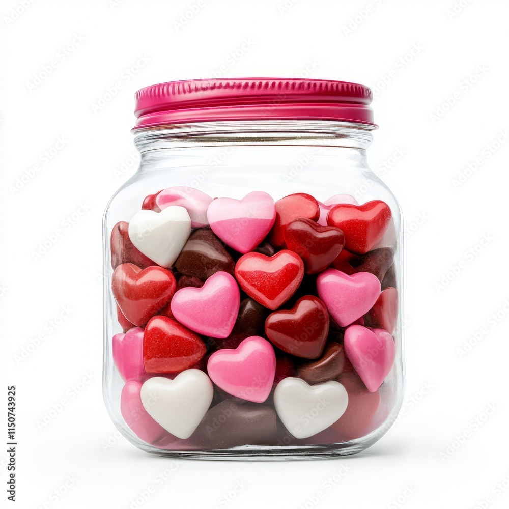 A jar filled with heart-shaped candies, isolated on a white background. A jar filled with heart-shaped candies, isolated on a white background.