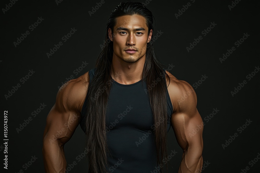 Fototapeta premium A muscular man with long hair poses confidently against a dark background.