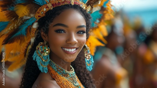 Smiling woman with vibrant hair and jewelry celebrating cultural festival out...
