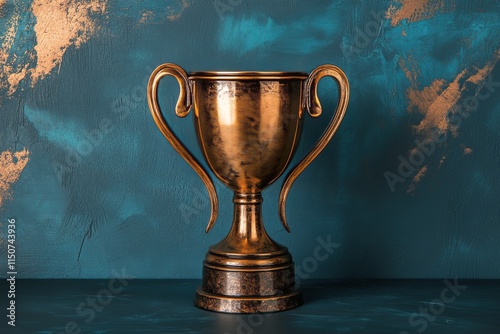 Elegant golden trophy displayed on a textured blue background showcasing cele...