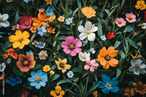 Colorful wildflowers blooming on lush green grass in a serene outdoor space d...