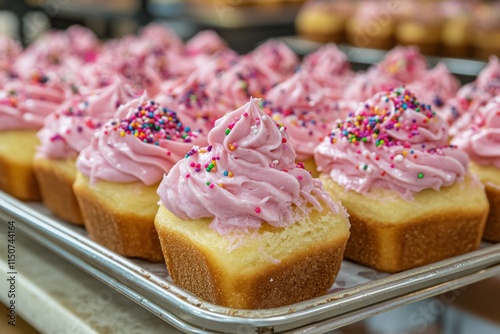 Freshly baked donuts with pink frosting and colorful sprinkles at a bakery di...