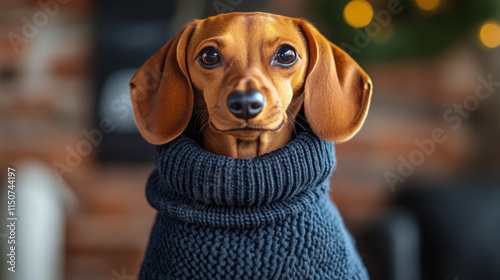 Cute dachshund wearing a cozy sweater in a warm indoor setting