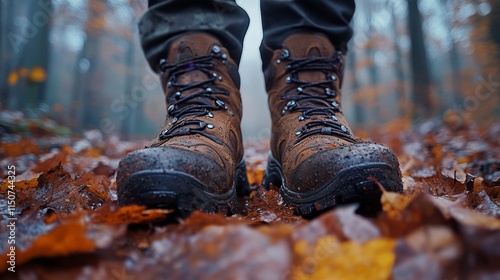 Exploring autumn trails in sturdy boots with fallen leaves underfoot