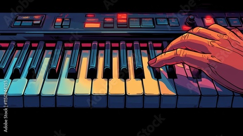 Hands play synthesizer keys in a cozy music studio during evening hours