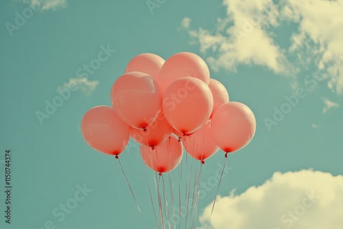 Pink balloons float against a bright blue sky with fluffy white clouds in a j...
