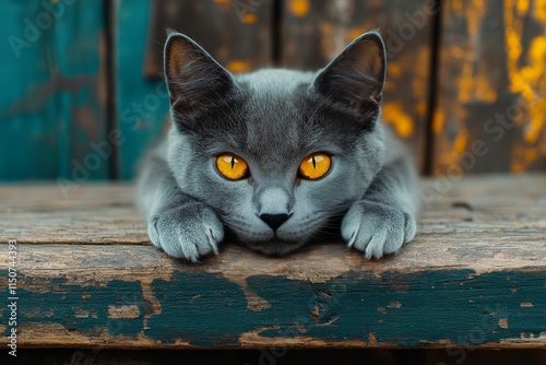 Gray cat with striking orange eyes resting on a weathered wooden surface in n...