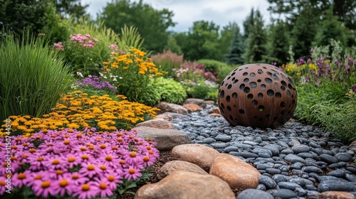 Serenity in a garden with a Buddha statue and vibrant flowers during daytime