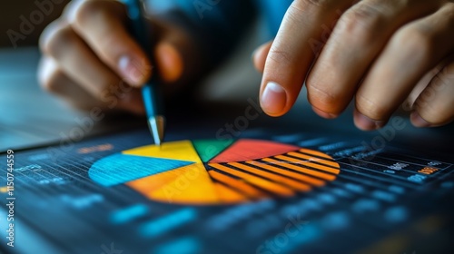 Business professional analyzing financial data using interactive pie chart du...