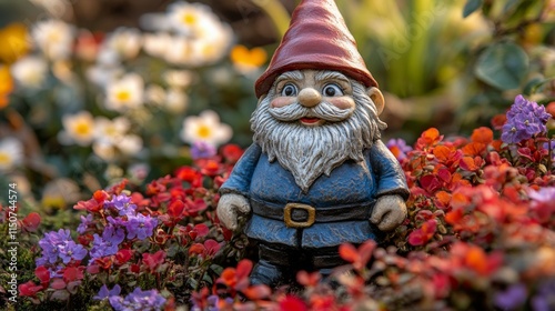 Garden gnome standing among vibrant flowers in a lush outdoor setting during ...