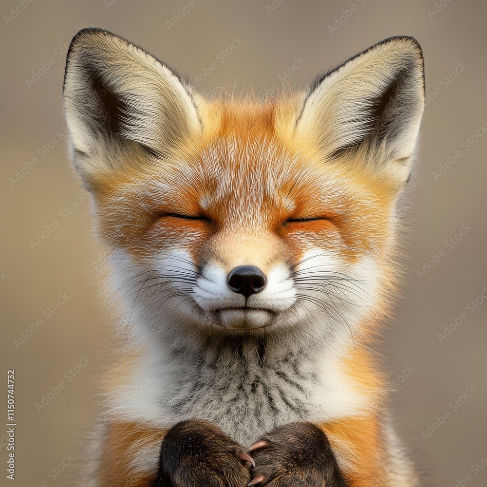 Fototapeta premium Adorable red fox cub with closed eyes and paws together in a meditative gesture.