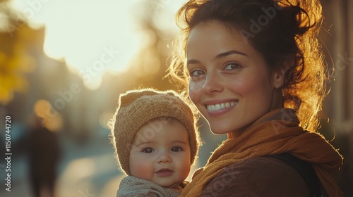 Warm embrace in winter with a mother and her baby wrapped in cozy sweaters an...