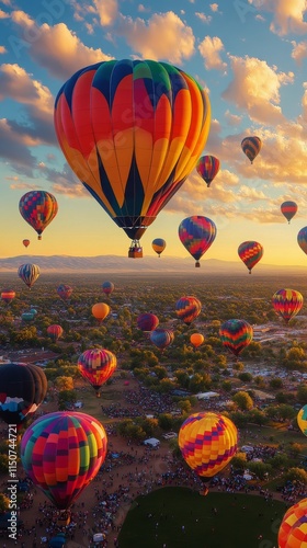 Colorful hot air balloons fill the sky above a lush landscape during a vibran...