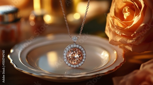 Elegant jewelry piece displayed on a decorative plate alongside a delicate ro...