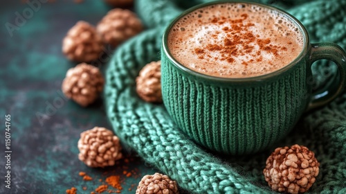 Cozy afternoon with popcorn and green drink on a knitted blanket