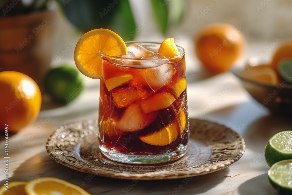 Refreshing citrus drink with orange slices and mint on a wooden table