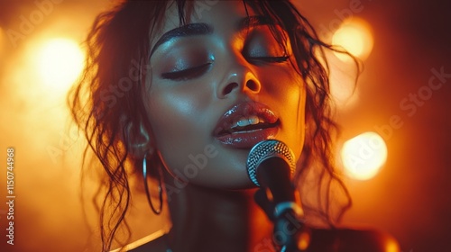 Young woman in vibrant lighting with soft hair during a nighttime studio shoot