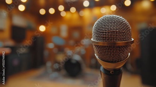 Recording studio setting with a microphone and wooden paneling for music prod...