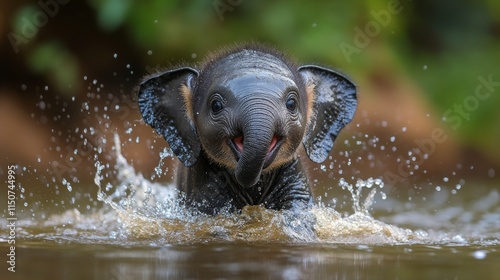 Young elephant splashes joyfully in river during sunny day surrounded by lush...