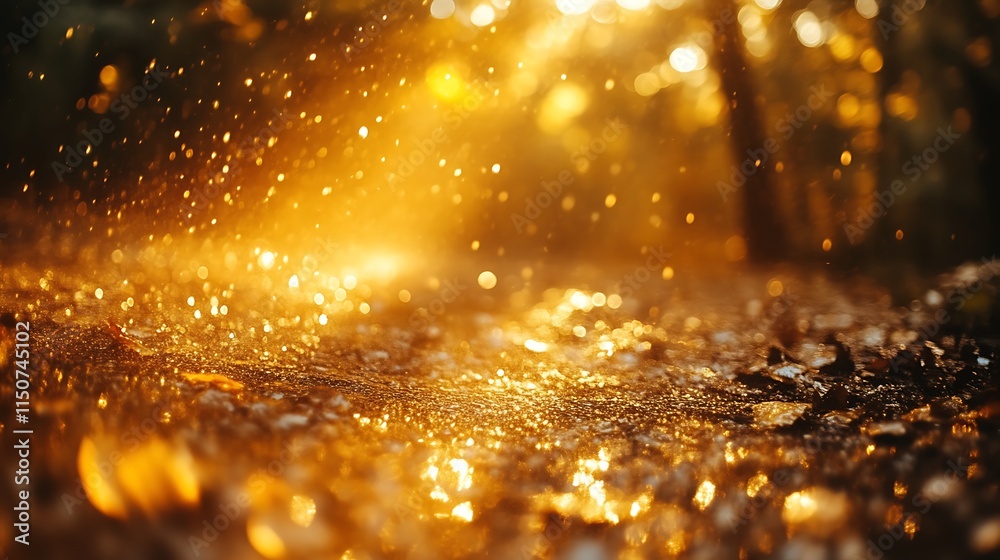 Naklejka premium Golden Sunlight Illuminates Forest Floor With Water Droplets