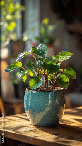Succulent plant in a decorative pot illuminated by sunlight indoors