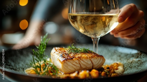 Delicious grilled salmon with vegetables and white wine in cozy dining setting