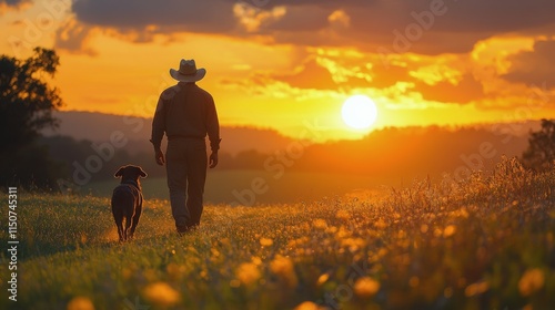 Man walks with dog at sunset on a field with flowers near countryside