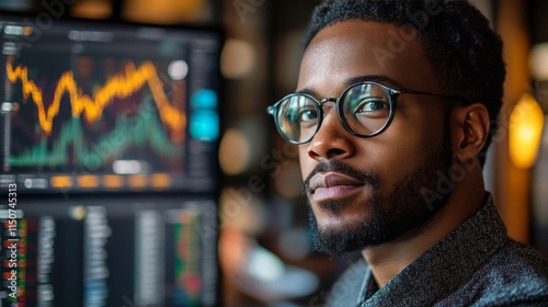 Young professional focuses on financial market trends in modern workspace dur...