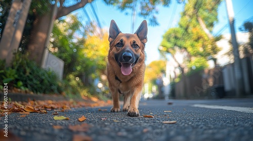 Dog walking on autumn street amidst vibrant leaves with person strolling nearby