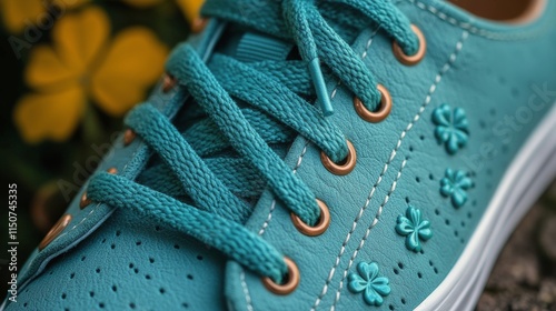 Green footwear with shamrock decorations for festive celebration in a close-u...