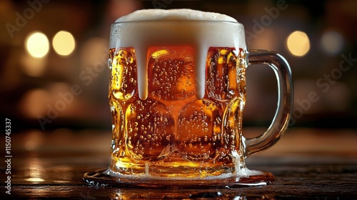 Refreshing cold beer served in a frosty mug on a wooden table at a cozy pub i...