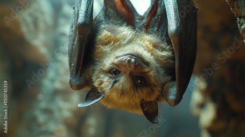 Cute bat hanging upside down in a natural habitat during daylight hours in a ...