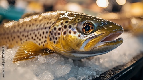 Freshly caught rainbow trout displayed on ice at a seafood market during the ...