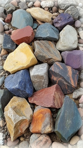 Colorful collection of smooth stones arranged on a natural surface in bright ...