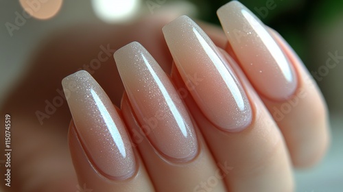 Nail art with glossy pink finish under vibrant lighting