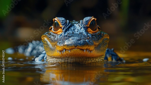Colorful lizard emerging from water surrounded by autumn leaves during a warm...
