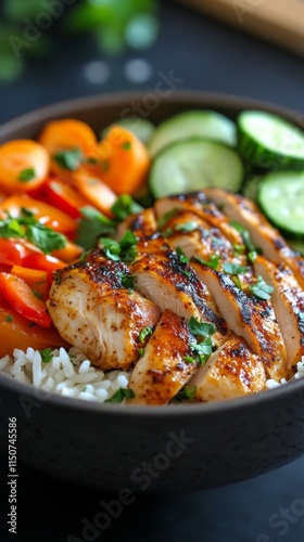 Grilled chicken bowl with vegetables and rice served in a black bowl