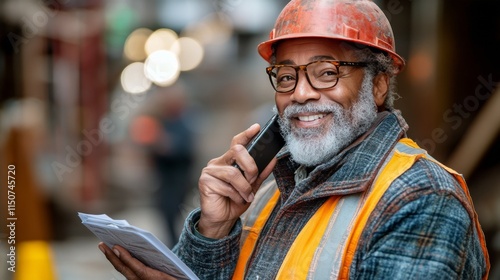 Construction manager reviewing plans while on phone in a busy workspace with ...
