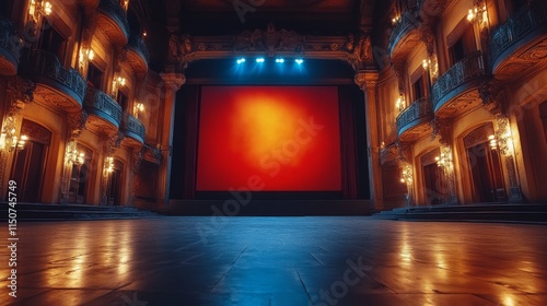 Vibrant interior of a modern cinematic venue with neon lighting and empty seats