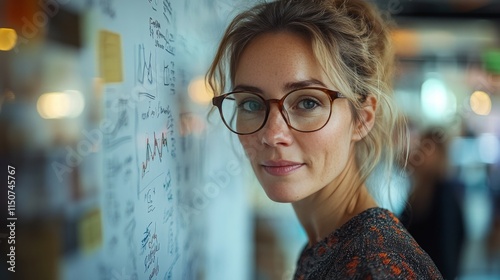 Confident woman with glasses engaging in a professional discussion in a moder...